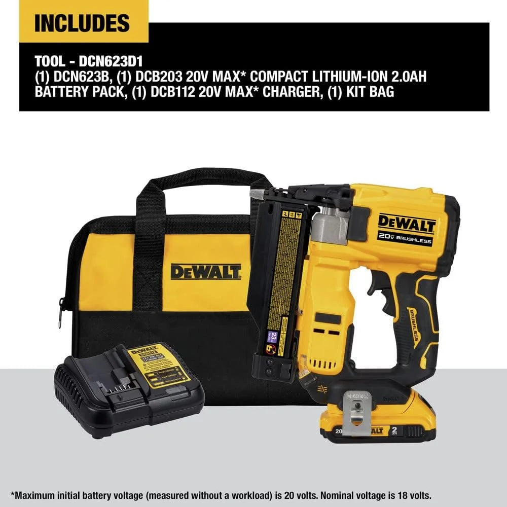 DeWalt DCN623D1 20-Volt MAX Atomic Compact Cordless Pin Nailer Kit, Brushless Motor, 23 Gauge, Battery - Quantity 1