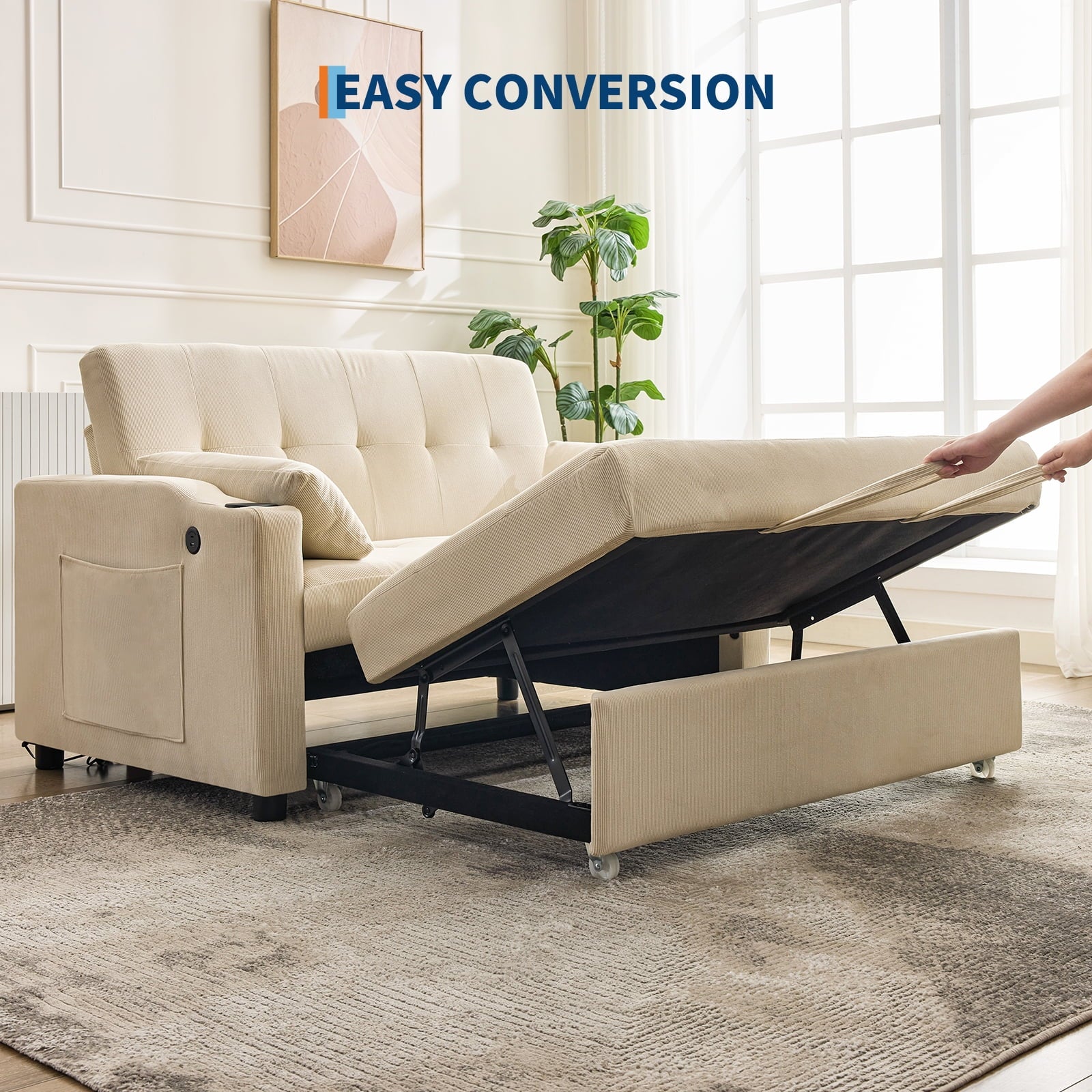 3 in 1 Convertible Sleeper Sofa Bed, Corduroy Futon Couches with Pull-Out Bed, Adjustable Backrest, Charging Port & Side Pockets, Modern Upholstered Sofa for Living Room, Guest Room