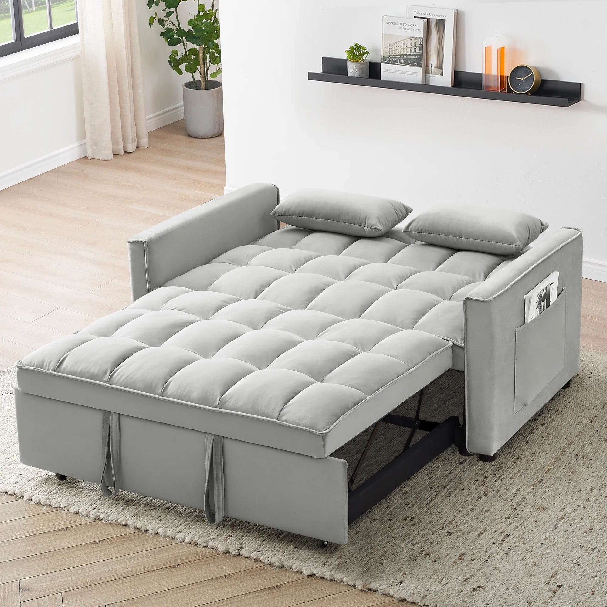 Convertible Sofa Bed,3-in-1 Sleeper Sofa with Pull Out Bed,Velvet Highly Elastic Sponge Futon Couch Loveseat with Adjustable Backrest and 2 Pillows for Living Room,Gray