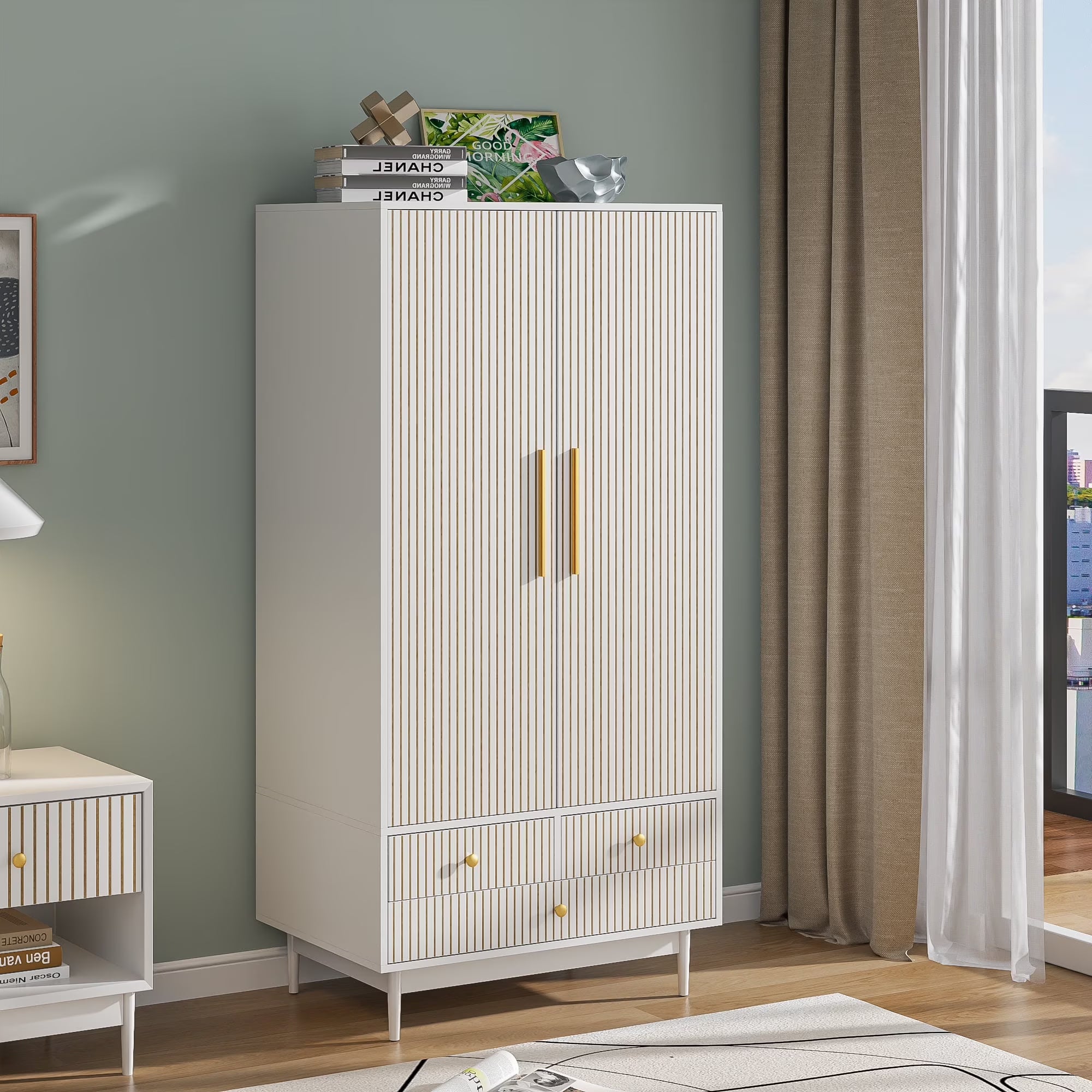 Armoire Wardrobe Closet with 2 Doors, Wardrobe Cabinet with Hanging Rod and Drawers, Wooden Closet for Bedroom, White
