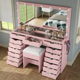 Yanosaku 15 Drawers Vanity Desk with Power Outlet, Makeup Table with Mirror and 13 LED Lights, 3 Color Lighting Modes, Brightness Adjustable, Glass Top Dressing Table, Vanity Set for Bedroom
