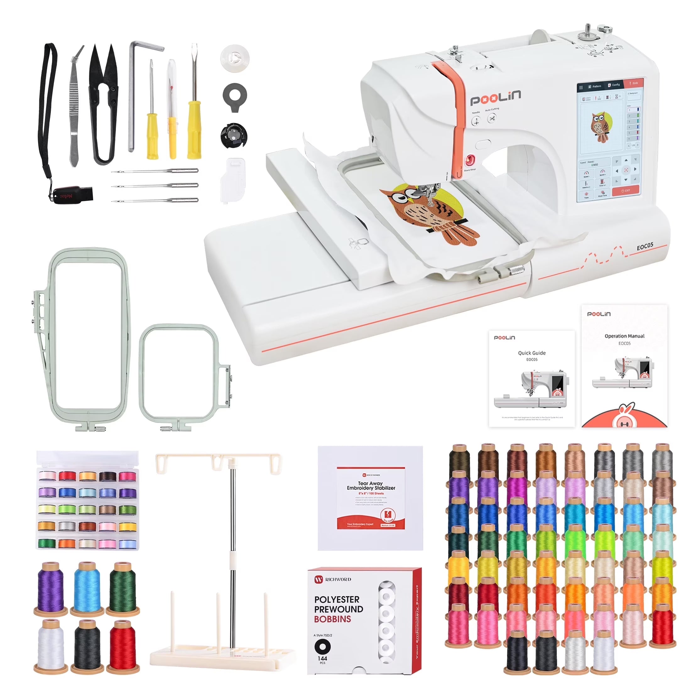 Poolin EOC05 Embroidery Machine 4x9.25" Area, 7" Touch Screen with kit