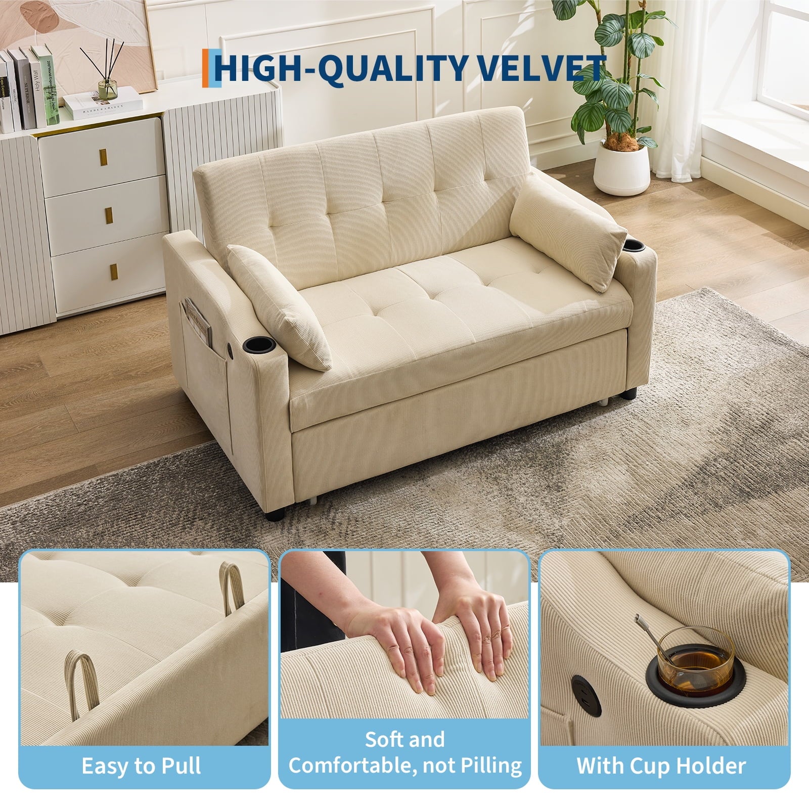 3 in 1 Convertible Sleeper Sofa Bed, Corduroy Futon Couches with Pull-Out Bed, Adjustable Backrest, Charging Port & Side Pockets, Modern Upholstered Sofa for Living Room, Guest Room