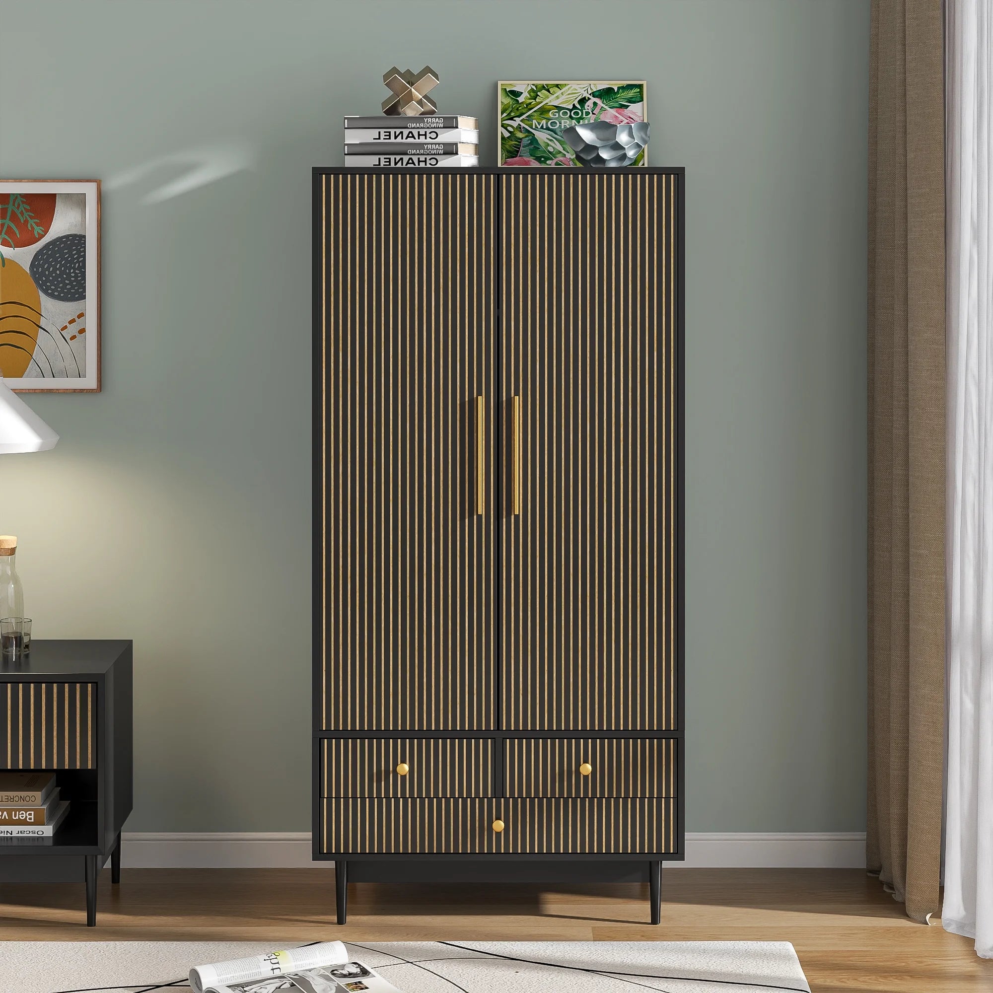 Armoire Wardrobe Closet with 2 Doors, Wardrobe Cabinet with Hanging Rod and Drawers, Wooden Closet for Bedroom, White