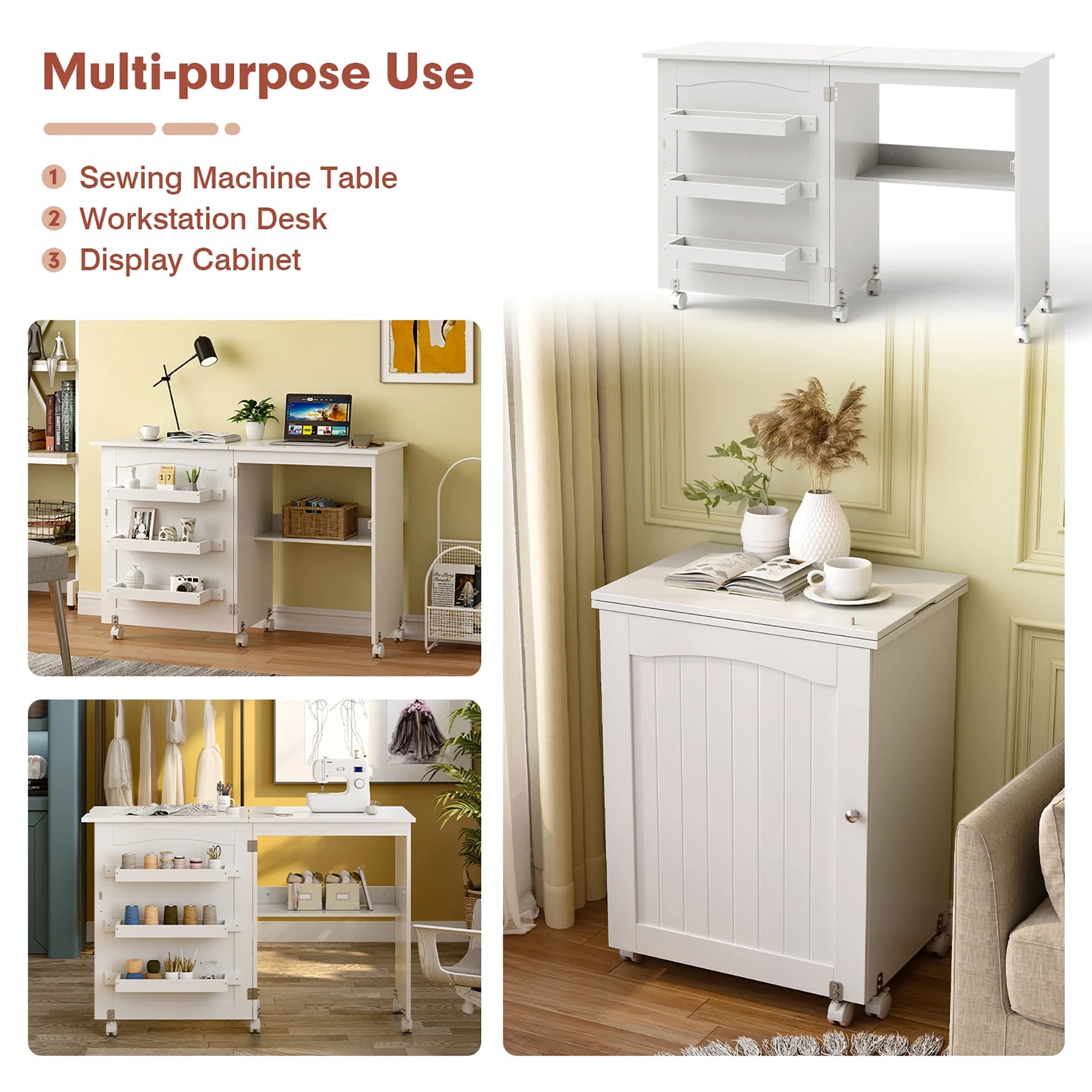 Costway Folding Sewing Table Rolling Craft Station with 3 Storage Bins & Charging Station White+natural