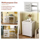 Costway Folding Sewing Table Rolling Craft Station with 3 Storage Bins & Charging Station White+natural
