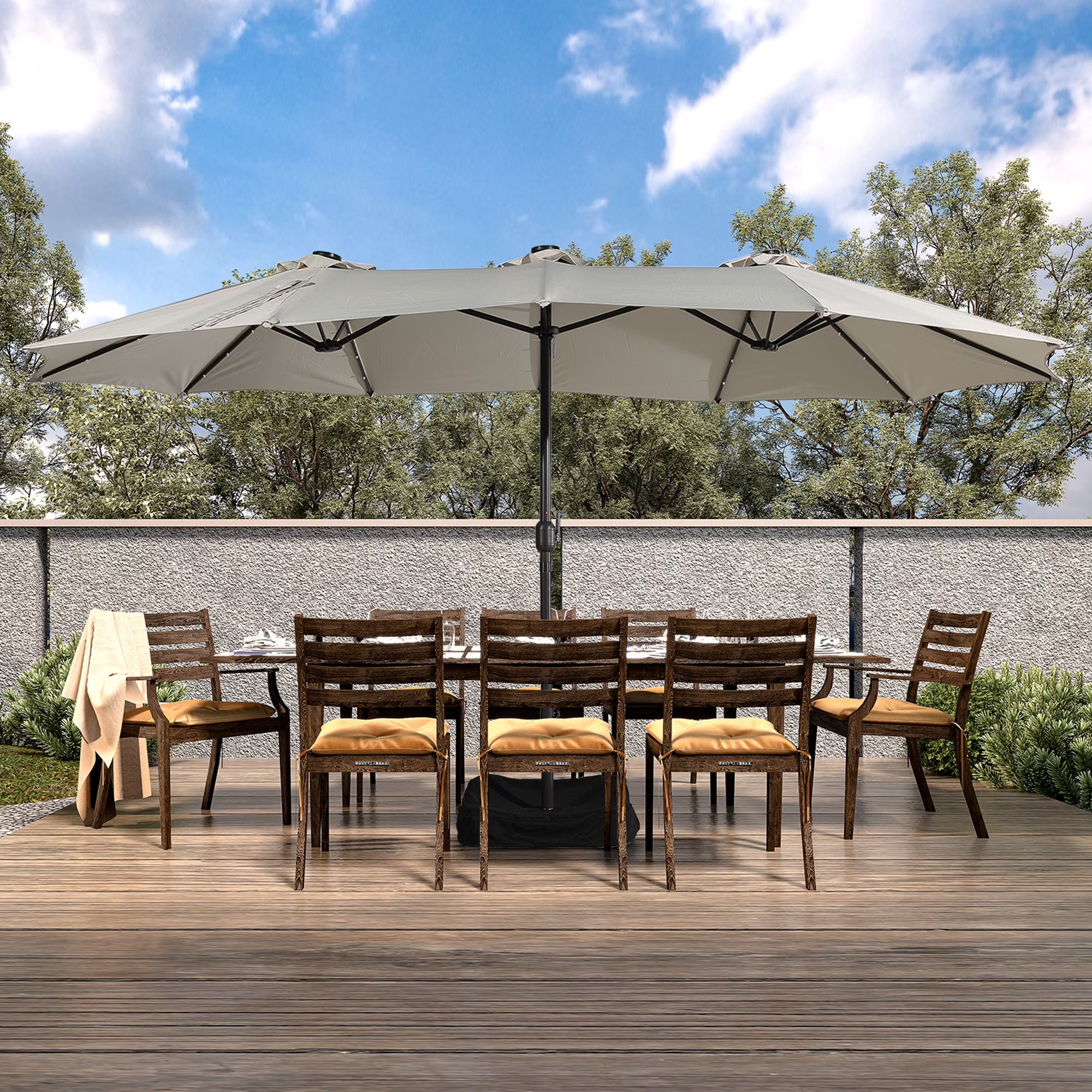 15ft Patio Umbrella Rectangular Outdoor Market Umbrella with Base and LED Lights Beige