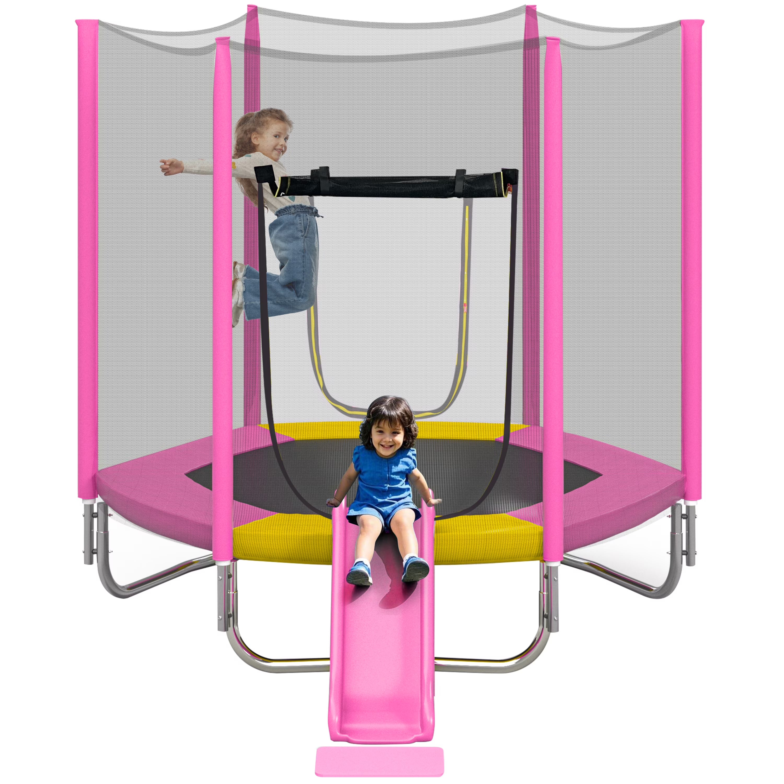7FT Trampoline with Removable Slide, Kids Indoor Outdoor Trampoline with Enclosure Net and Ladder, Pink