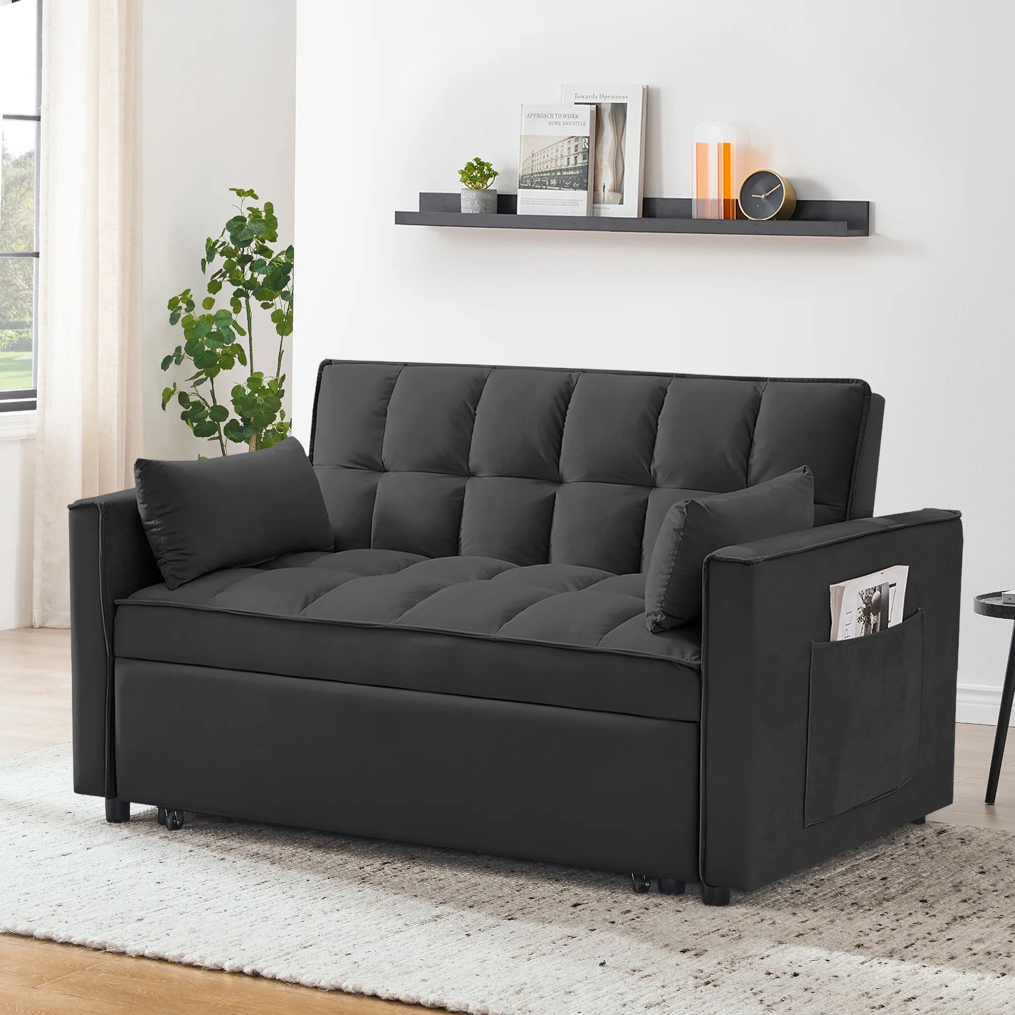 Convertible Sofa Bed,3-in-1 Sleeper Sofa with Pull Out Bed,Velvet Highly Elastic Sponge Futon Couch Loveseat with Adjustable Backrest and 2 Pillows for Living Room,Gray