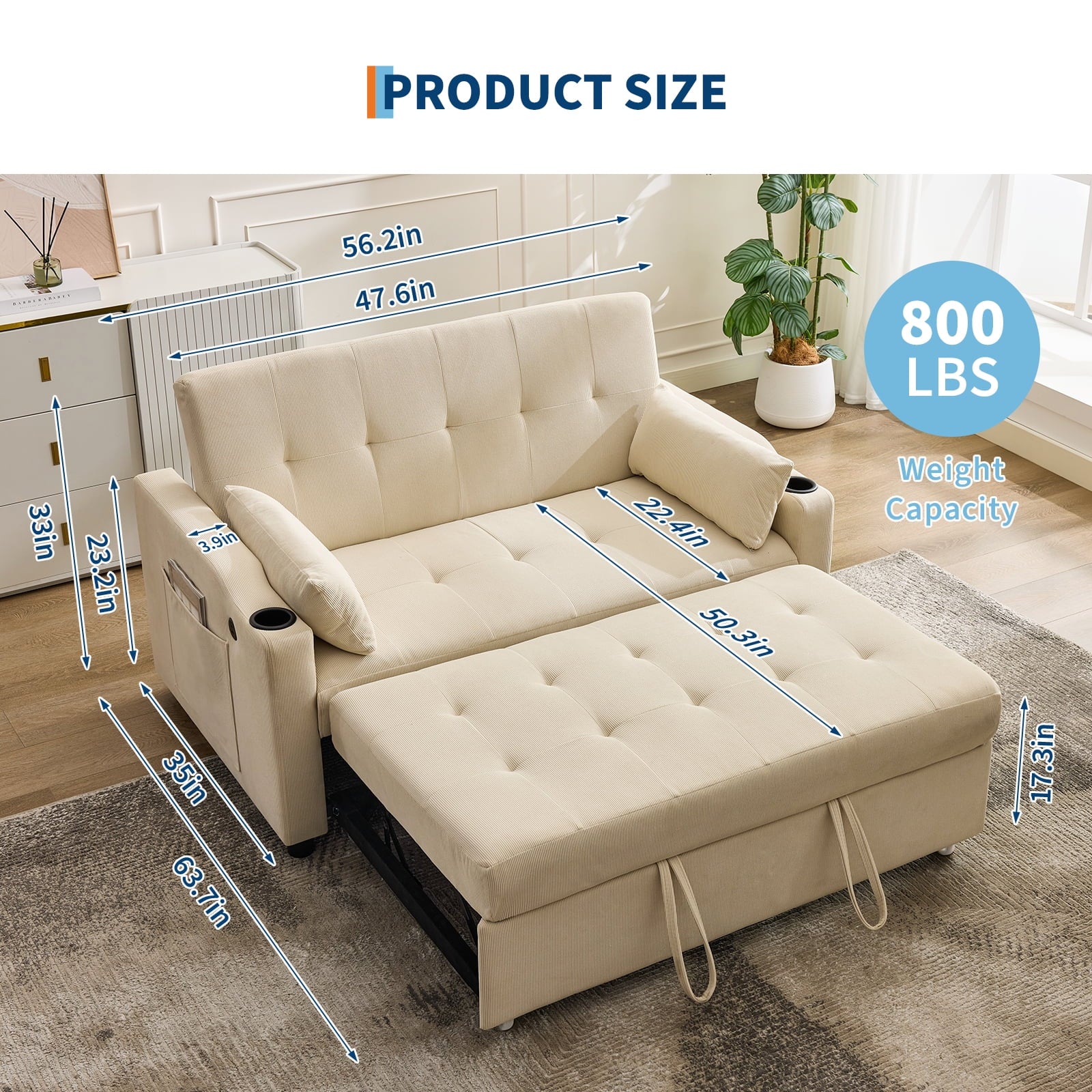 3 in 1 Convertible Sleeper Sofa Bed, Corduroy Futon Couches with Pull-Out Bed, Adjustable Backrest, Charging Port & Side Pockets, Modern Upholstered Sofa for Living Room, Guest Room