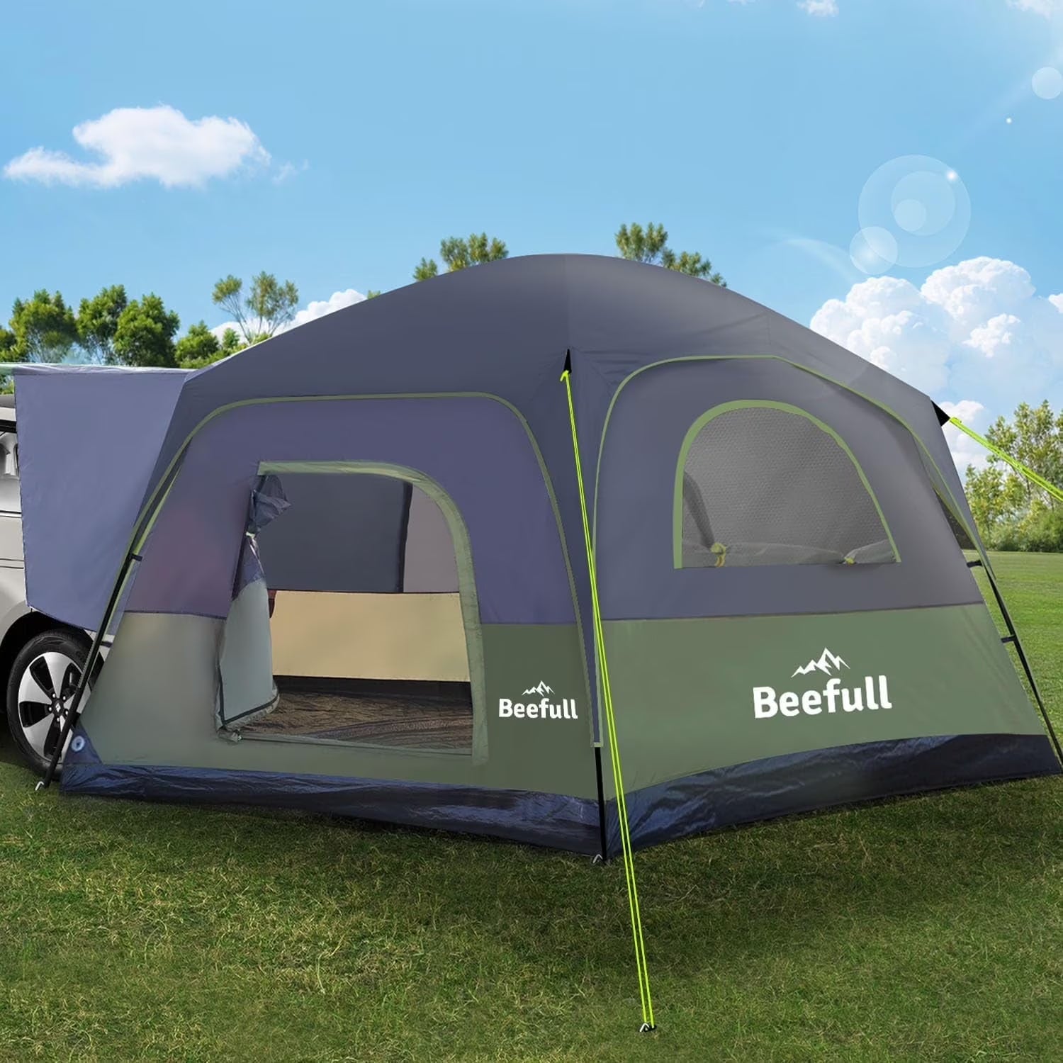 SUV Camping Tent for 6-8 Person with Rainfly, Car Camping Tent with Waterproof, Double Layer Design with Storage Bag, Green & Gray