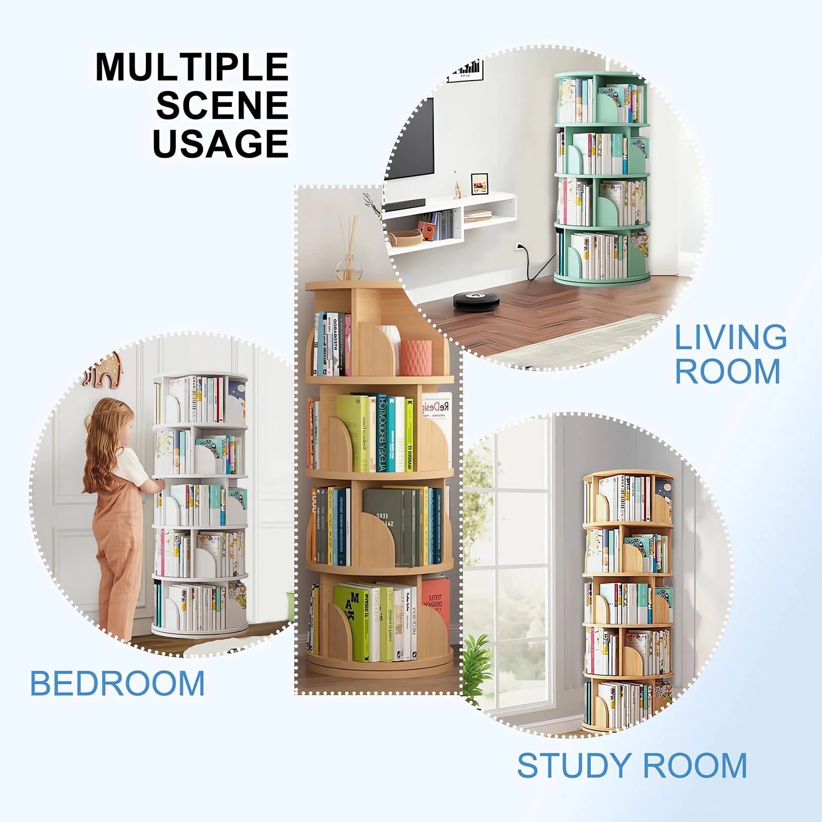 Rotating Bookshelf Tower, 4/5 Tier Circular Bookcase for Kids&Adults, Wood 360�� Floor Standing Book Storage Rack, Spinning Bookshelfs Tower for Classroom Playroom Study Bedroom