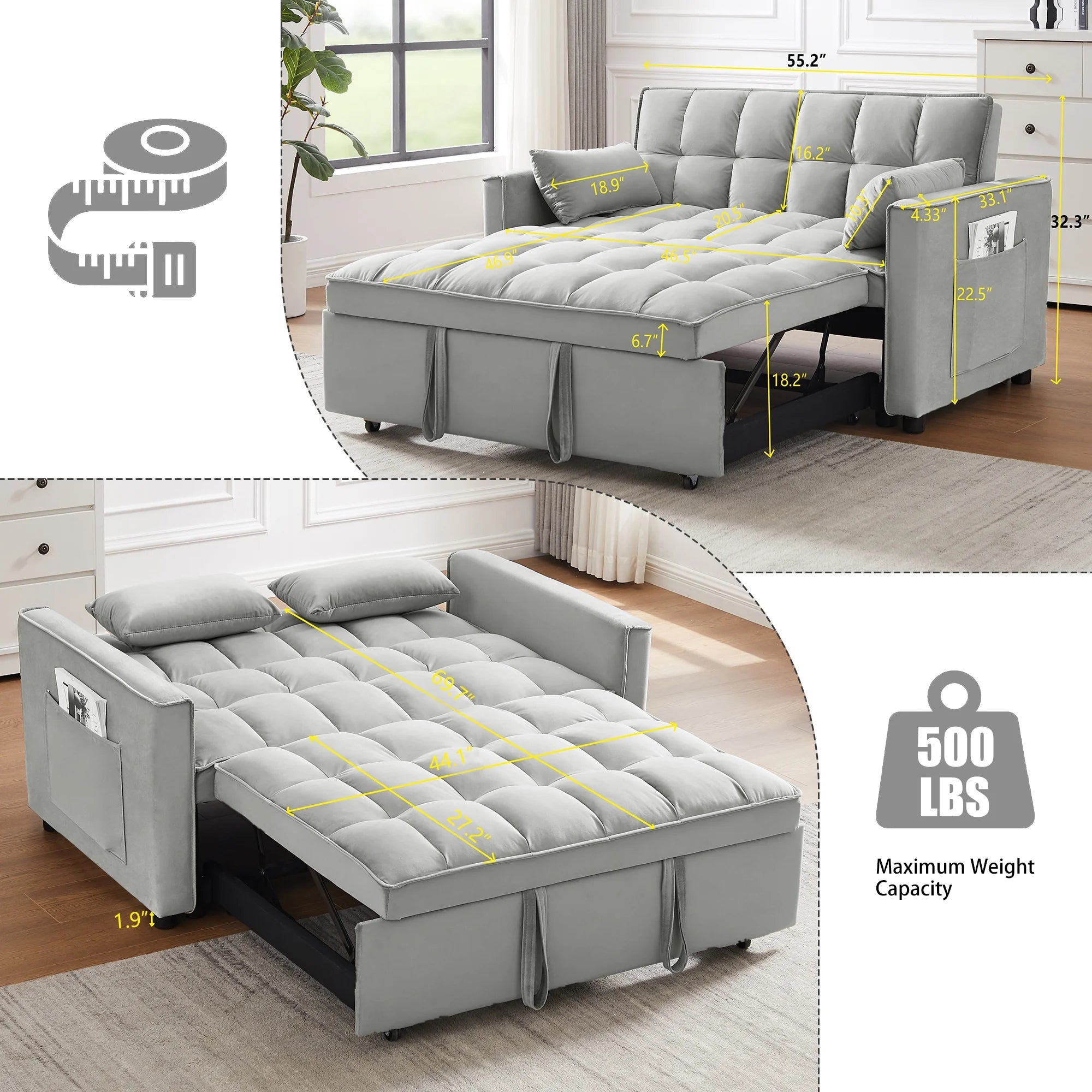 Convertible Sofa Bed,3-in-1 Sleeper Sofa with Pull Out Bed,Velvet Highly Elastic Sponge Futon Couch Loveseat with Adjustable Backrest and 2 Pillows for Living Room,Gray
