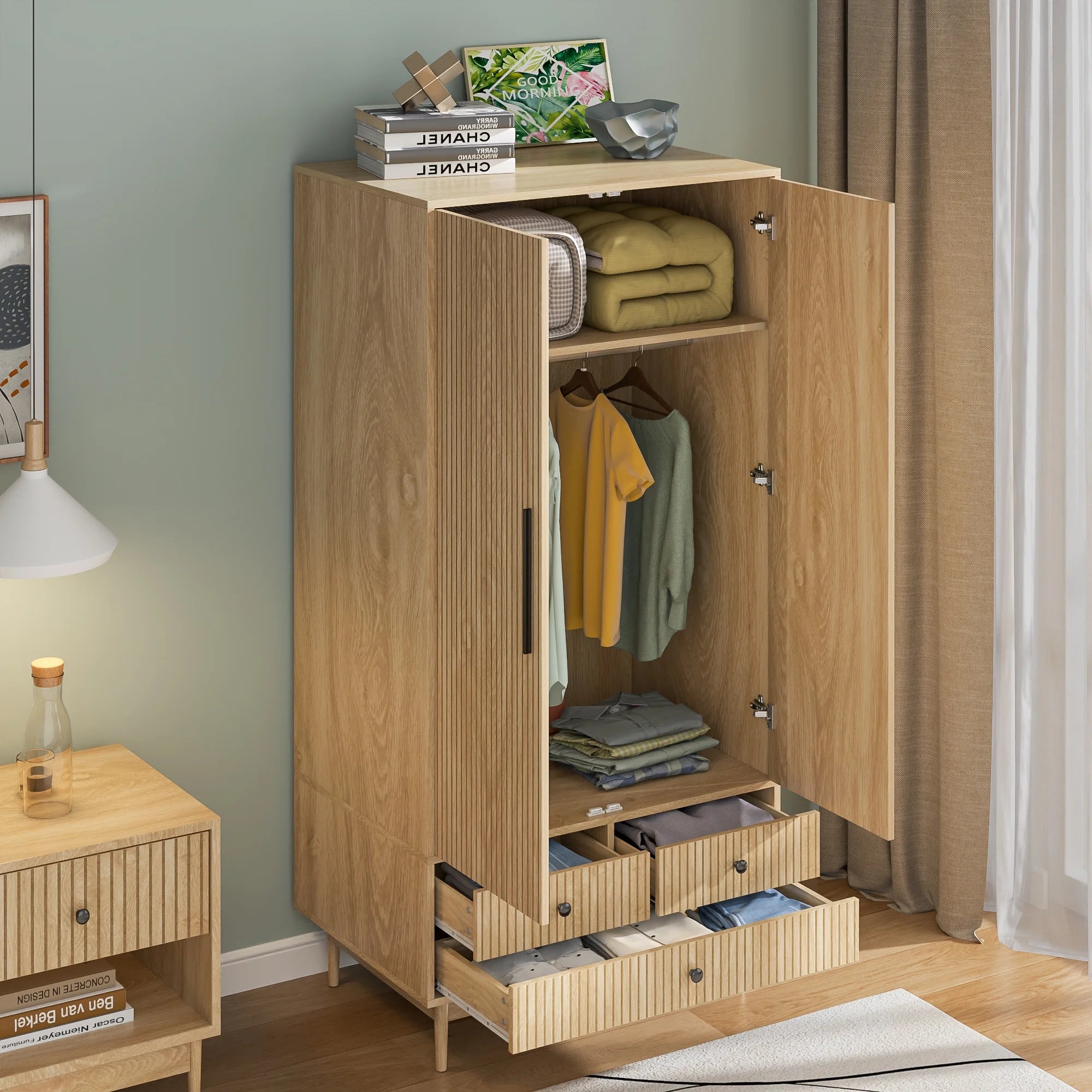 Armoire Wardrobe Closet with 2 Doors, Wardrobe Cabinet with Hanging Rod and Drawers, Wooden Closet for Bedroom, White