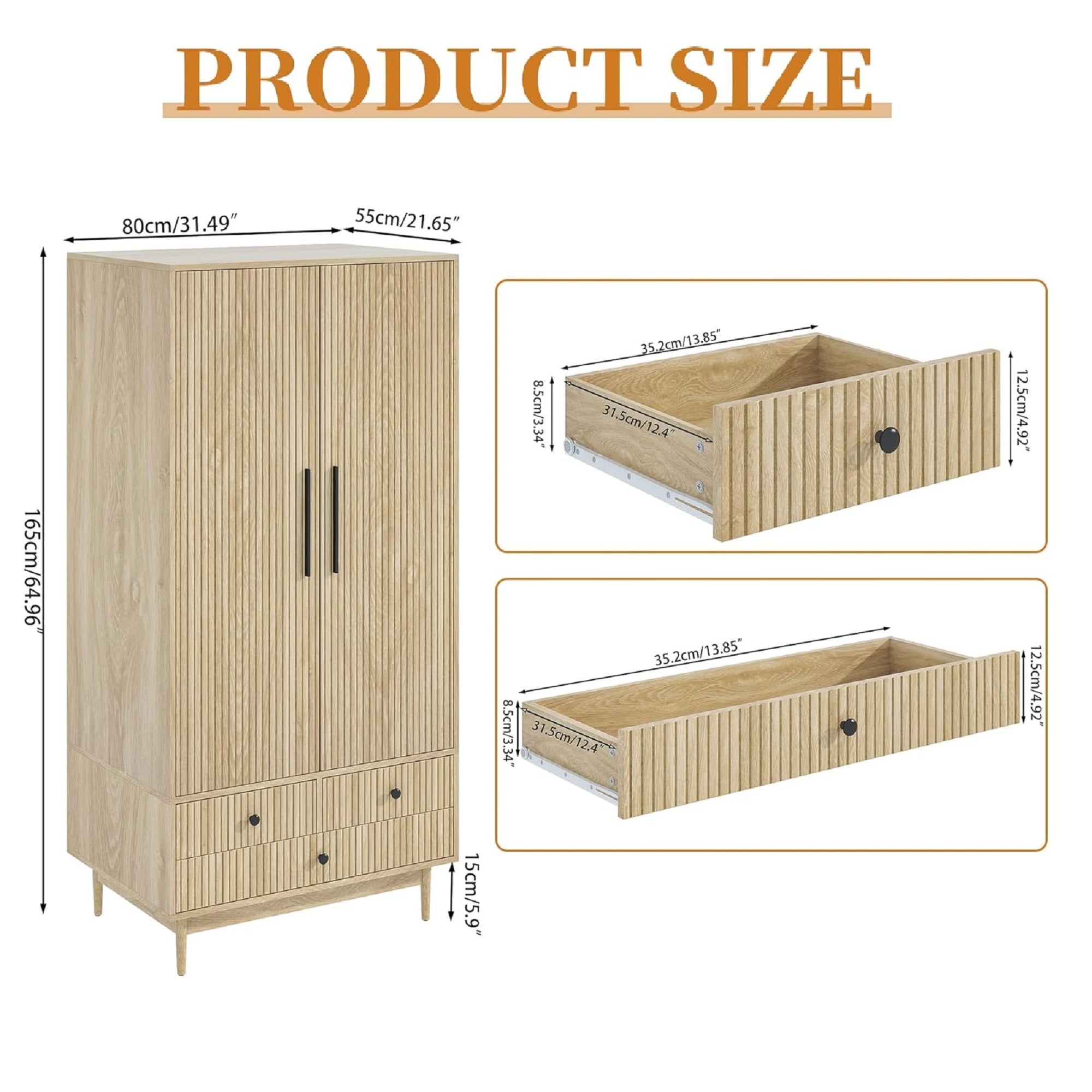 Armoire Wardrobe Closet with 2 Doors, Wardrobe Cabinet with Hanging Rod and Drawers, Wooden Closet for Bedroom, White