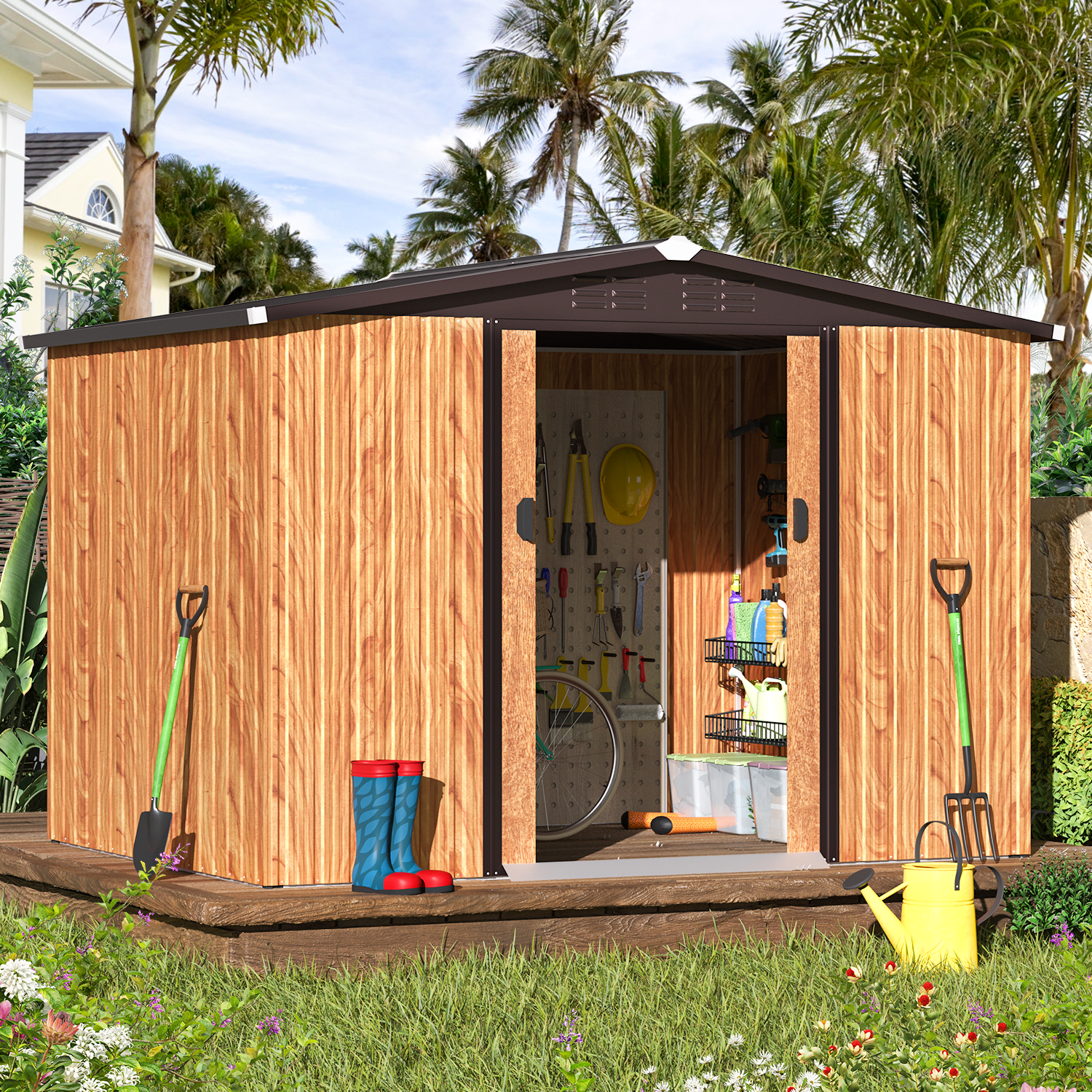 8 x 6 ft. Wood Grain Outdoor Metal Storage Shed with Lockable Door Patio Garden Storage Building for Outside