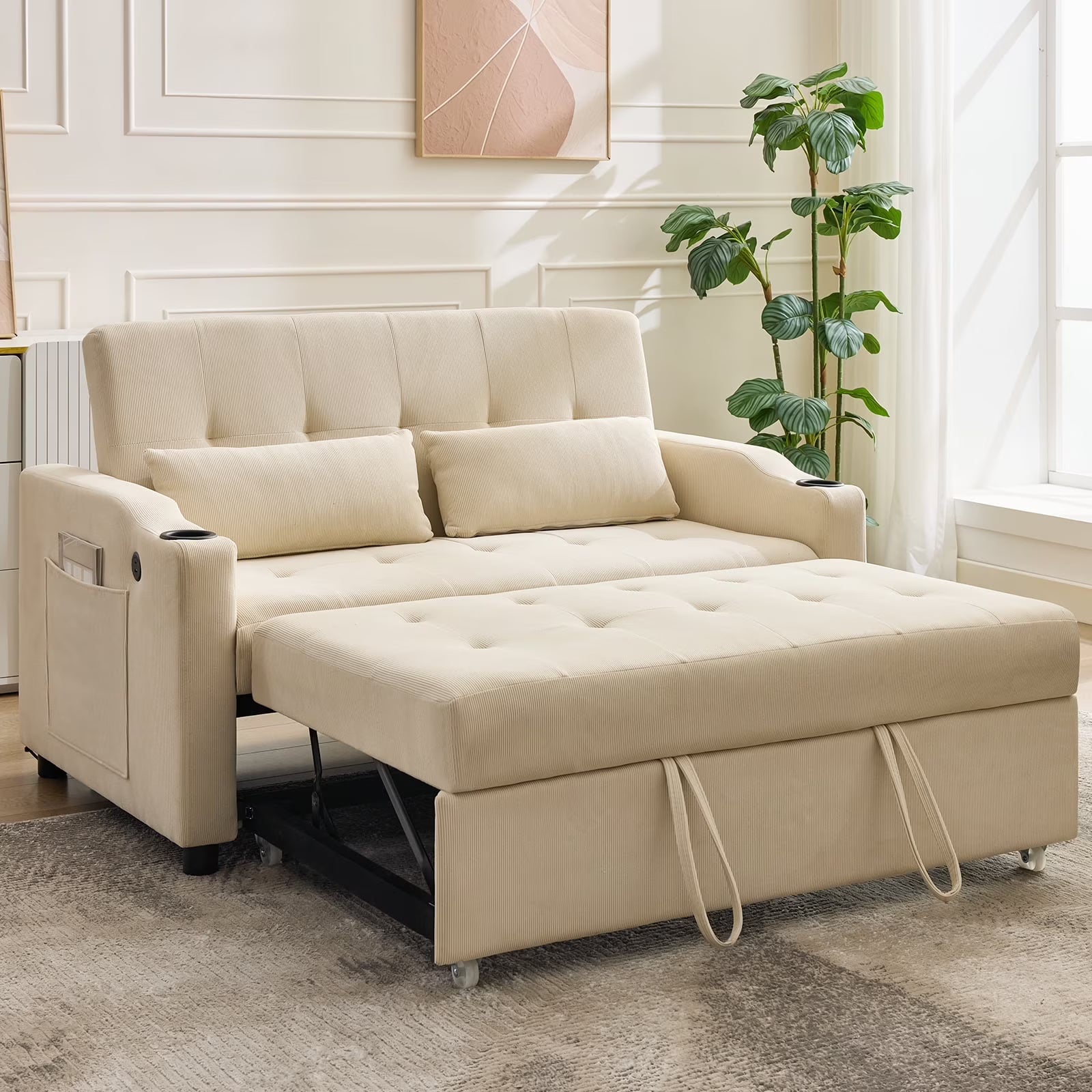 3 in 1 Convertible Sleeper Sofa Bed, Corduroy Futon Couches with Pull-Out Bed, Adjustable Backrest, Charging Port & Side Pockets, Modern Upholstered Sofa for Living Room, Guest Room