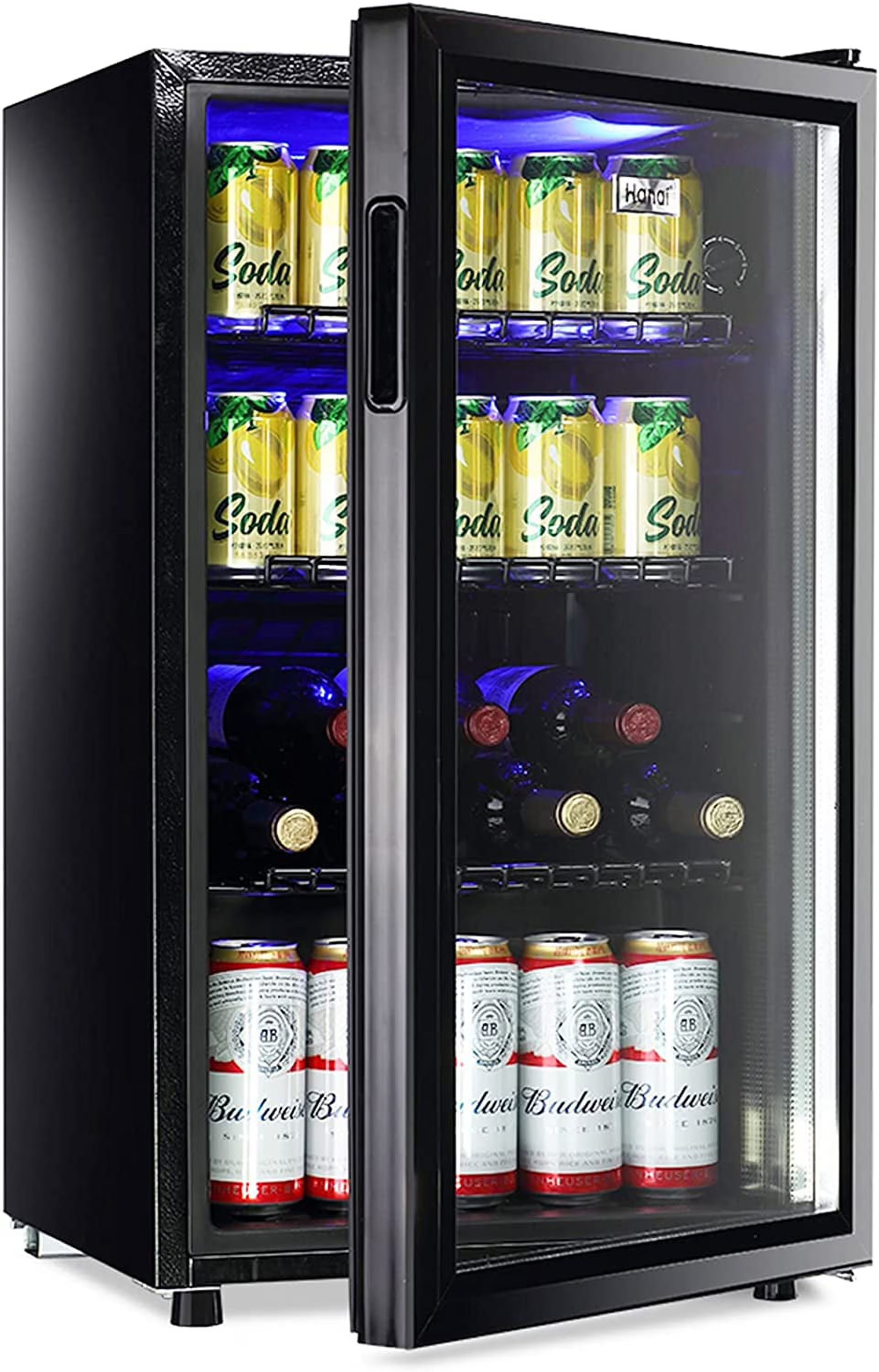 WANAI Compact Beverage Refrigerator, 100 Can Capacity, Glass Door, Black Stainless Steel