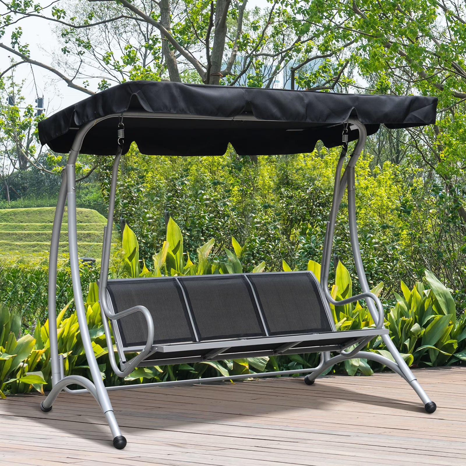 3 Person Patio Swing Seats, Porch Swing with Stand & Adjustable Canopy, Heavy Duty Outdoor Swing Chair Bench for Adults, Black