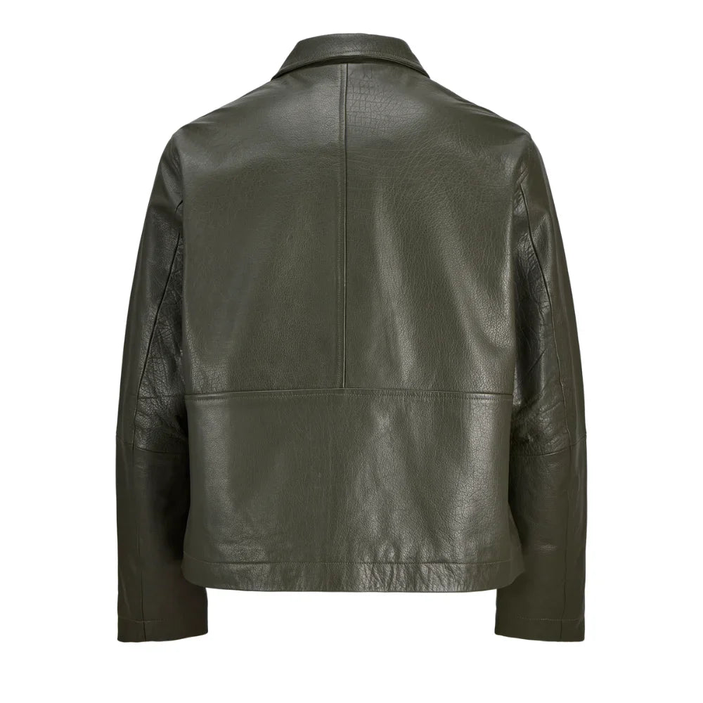 Men's Olive Green Shirt Collar Leather Jacket