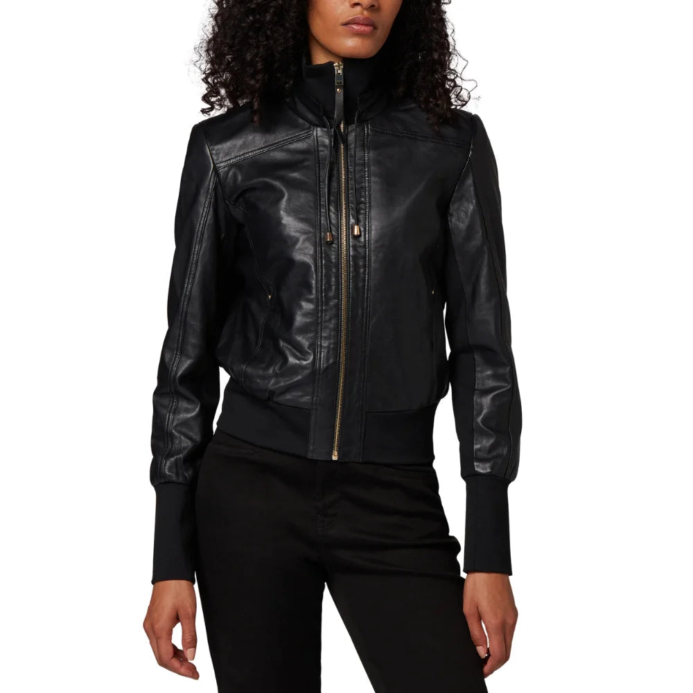 Women's Black Bomber High Neck Style Leather Jacket