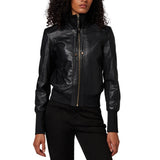 Women's Black Bomber High Neck Style Leather Jacket