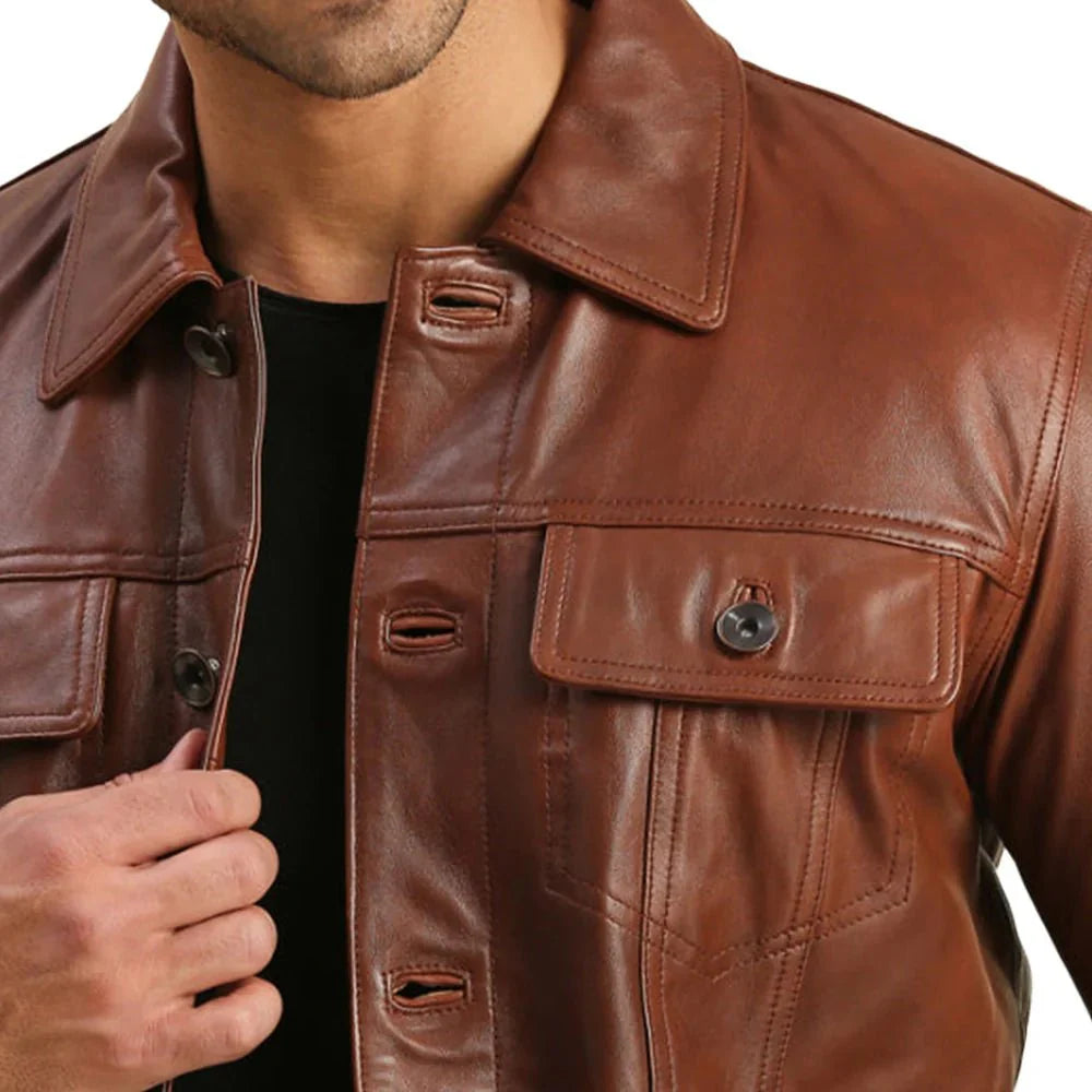 Mens Trucker Real Brown Biker Leather Jacket
