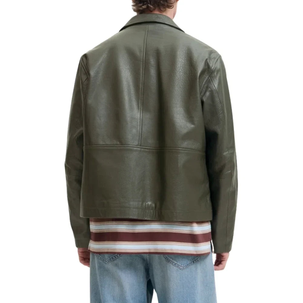 Men's Olive Green Shirt Collar Leather Jacket