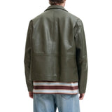 Men's Olive Green Shirt Collar Leather Jacket
