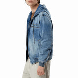 Mens Blue Denim Hooded Bomber Jacket