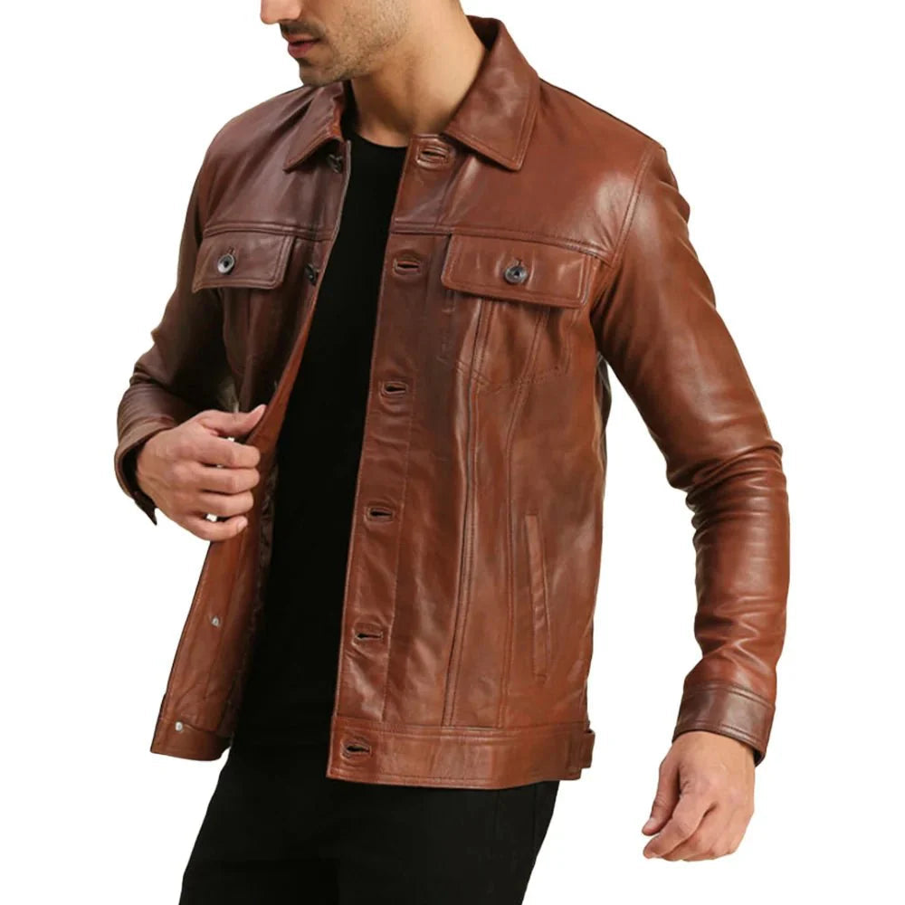 Mens Trucker Real Brown Biker Leather Jacket