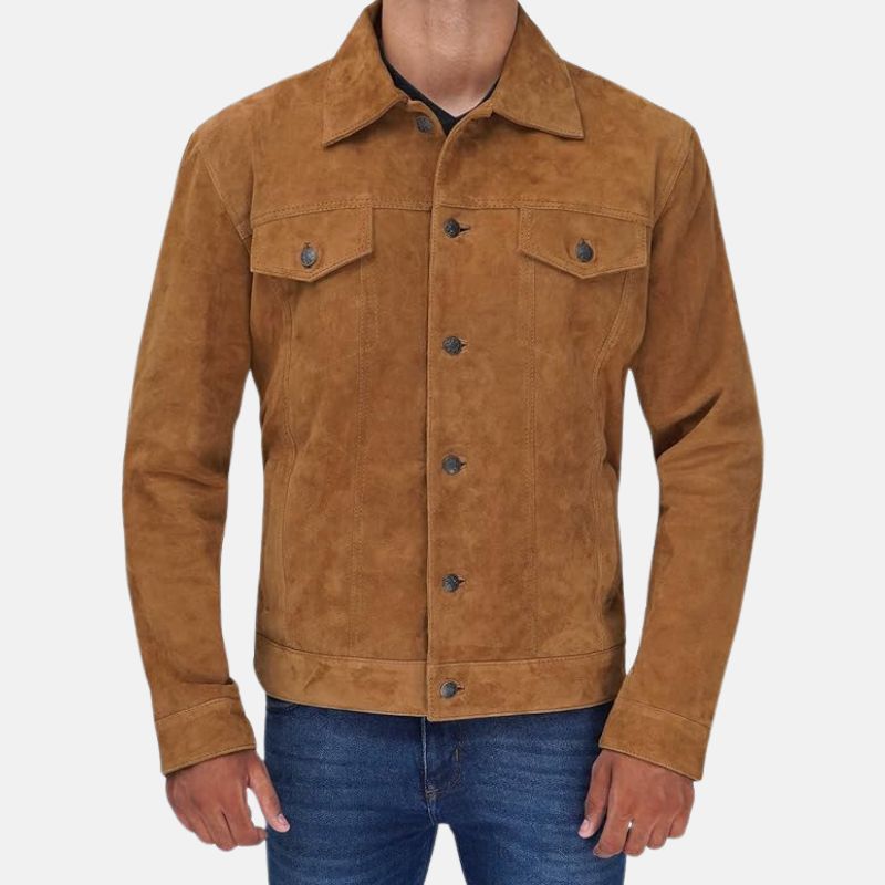 Mens Camel Brown Shirt Style Suede Jacket