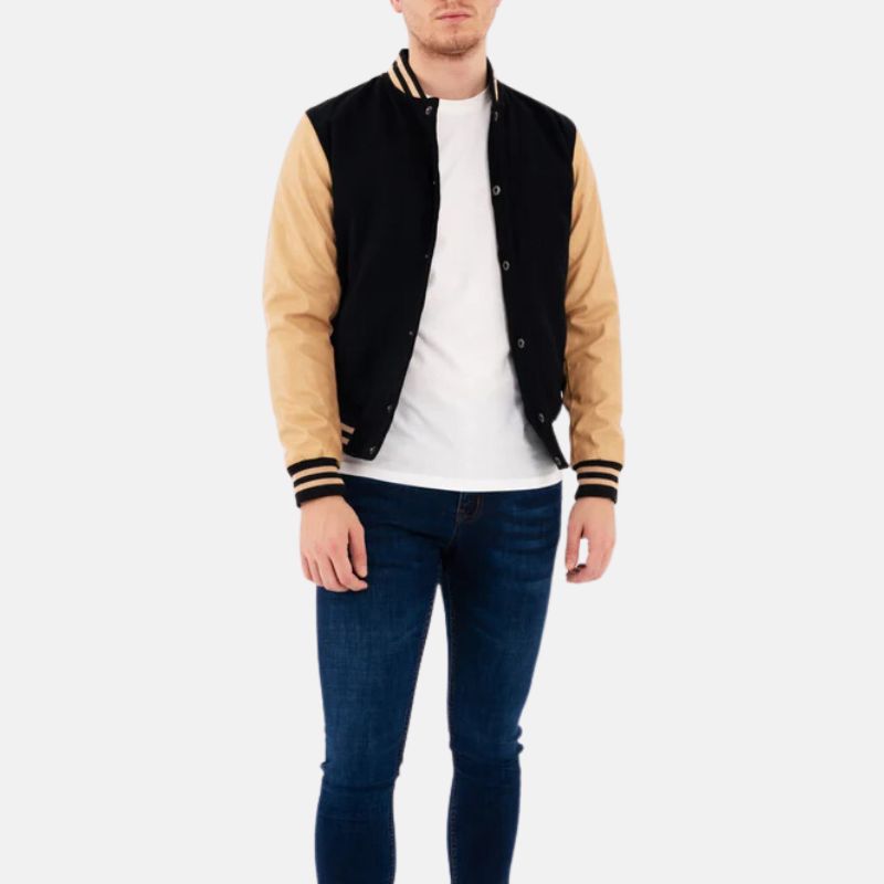 Men's Beige And Black Wool Varsity Letterman Jacket