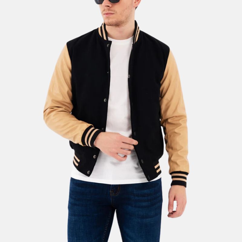 Men's Beige And Black Wool Varsity Letterman Jacket