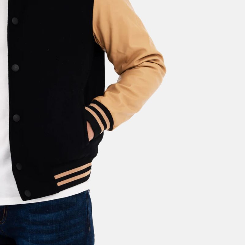 Men's Beige And Black Wool Varsity Letterman Jacket
