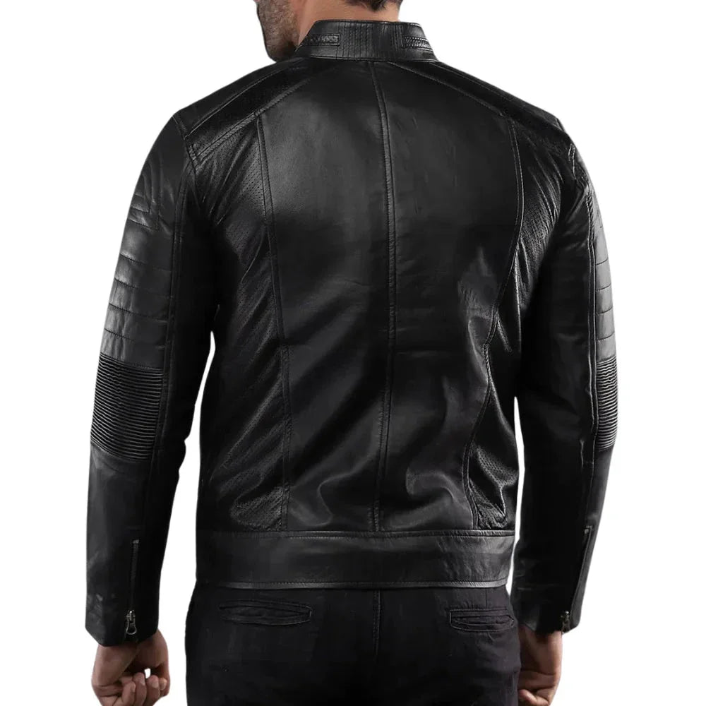 Men's Real Sheepskin Black Cafe Racer Leather Jacket