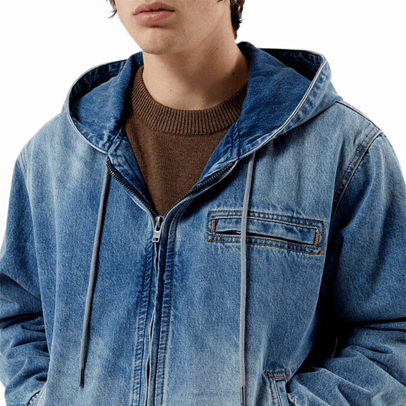 Mens Blue Denim Hooded Bomber Jacket