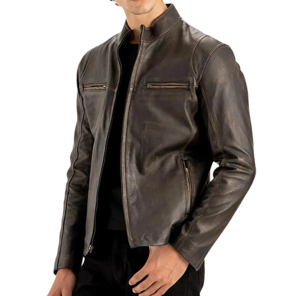 Men’s Distressed Brown Cafe Racer Leather Jacket