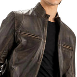 Men’s Distressed Brown Cafe Racer Leather Jacket