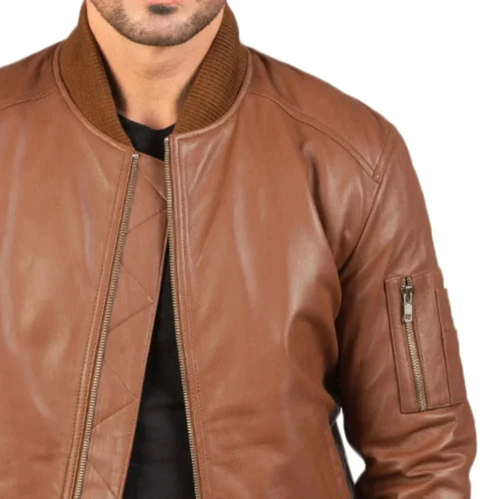 Brown Leather Bomber Jacket For Men's