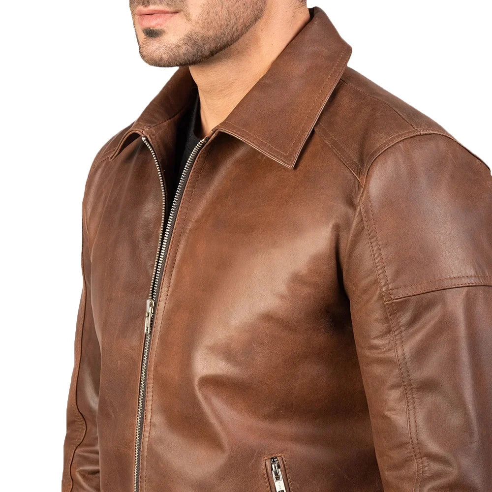 Men's Brown Shirt Collar Biker Leather Jacket