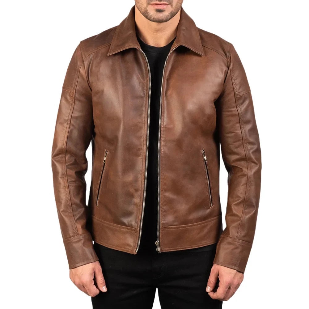 Men's Brown Shirt Collar Biker Leather Jacket