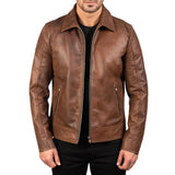 Men's Brown Shirt Collar Biker Leather Jacket