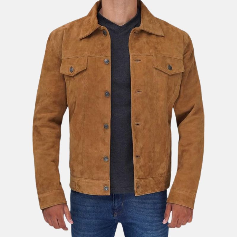 Mens Camel Brown Shirt Style Suede Jacket