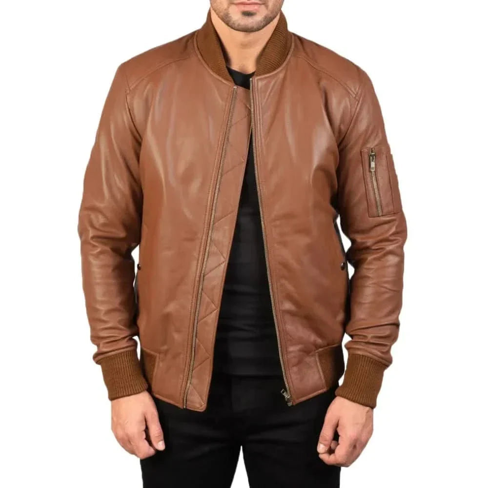 Brown Leather Bomber Jacket For Men's