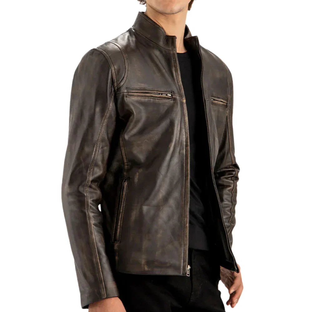 Men’s Distressed Brown Cafe Racer Leather Jacket