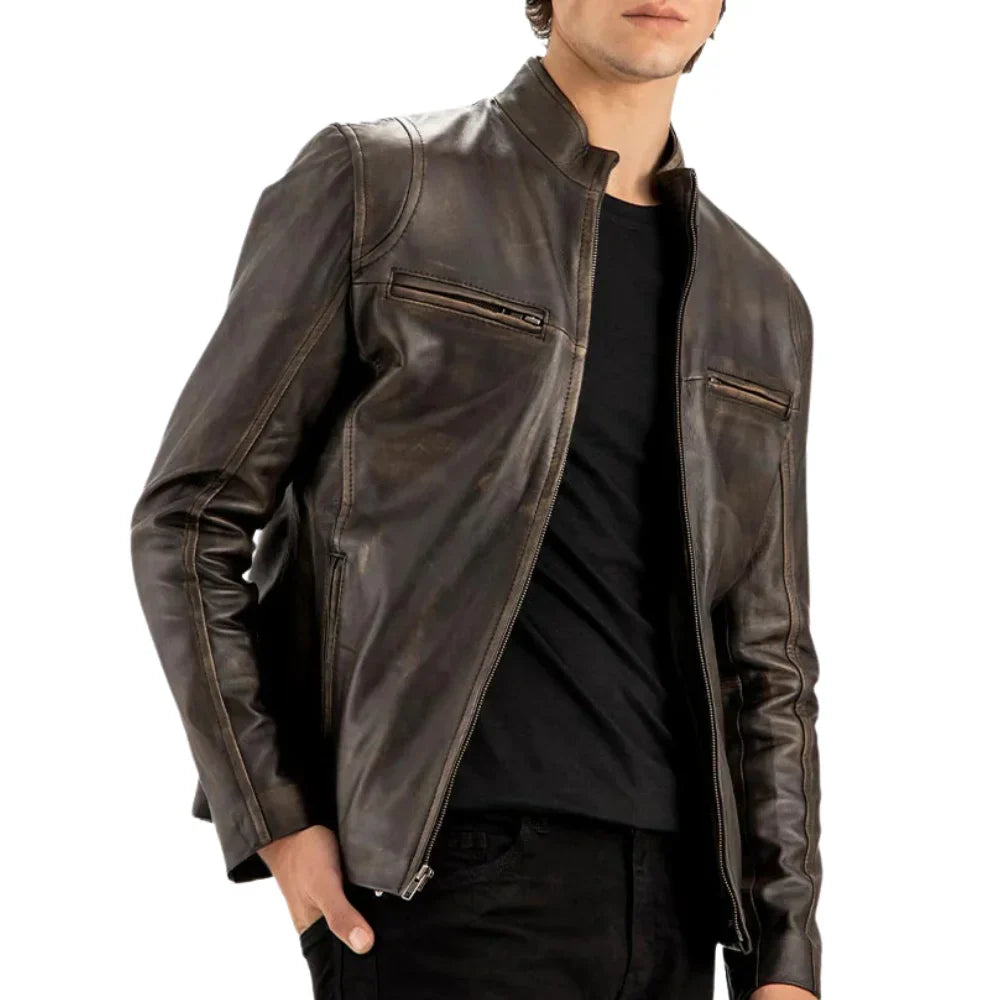 Men’s Distressed Brown Cafe Racer Leather Jacket
