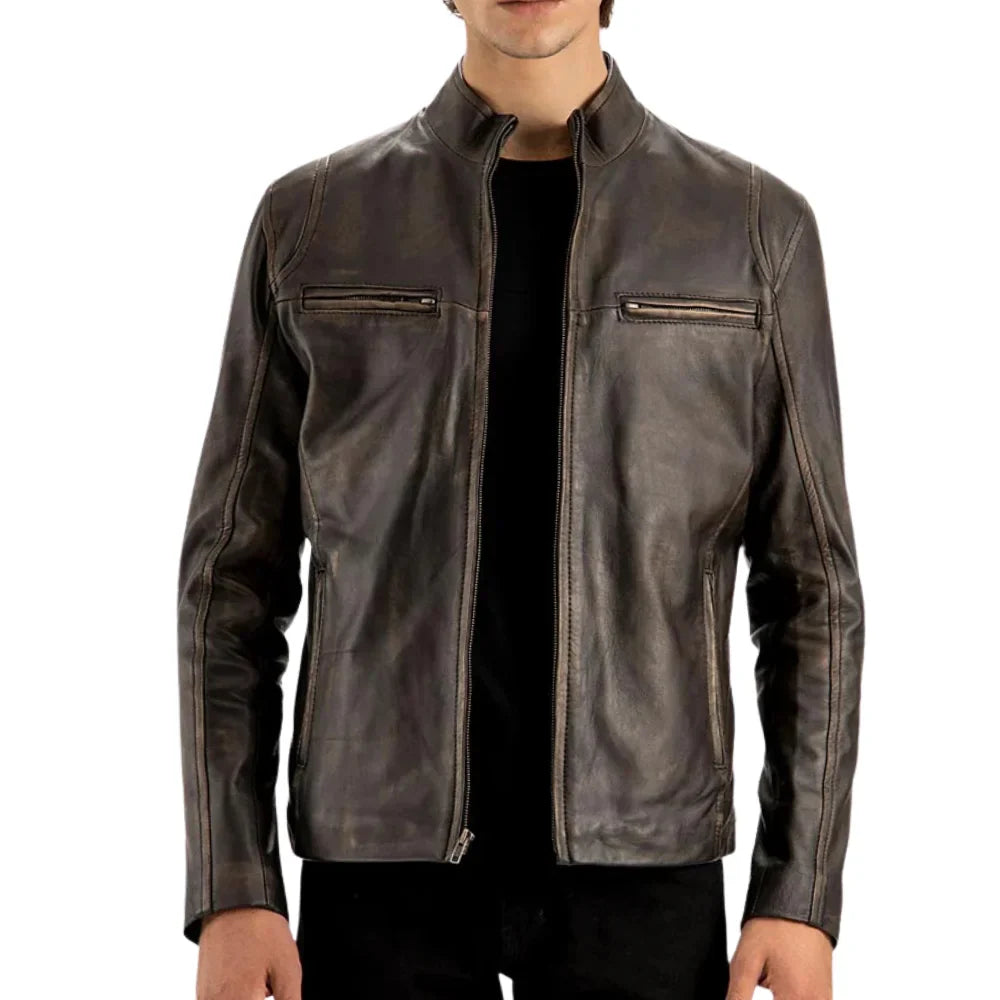 Men’s Distressed Brown Cafe Racer Leather Jacket