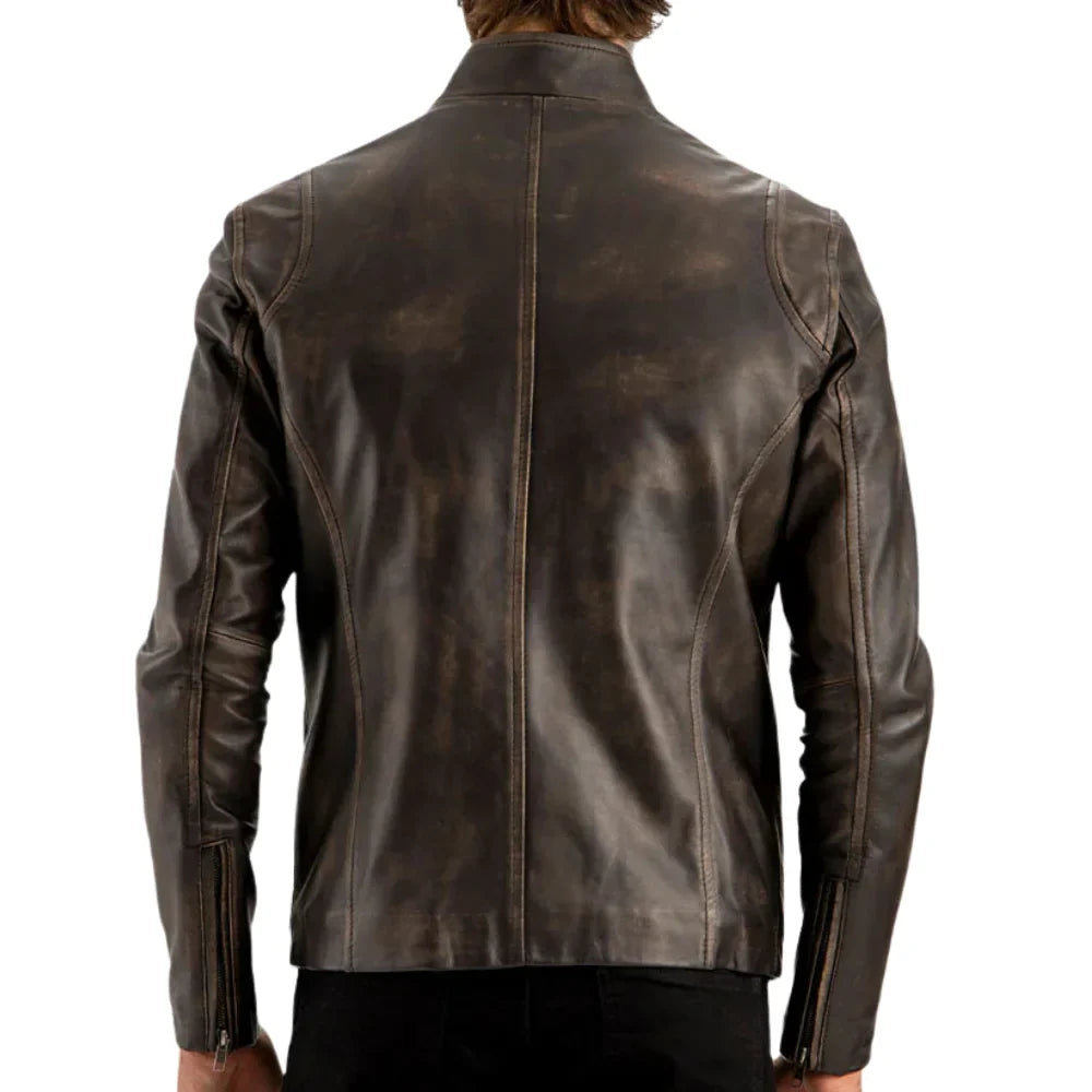 Men’s Distressed Brown Cafe Racer Leather Jacket