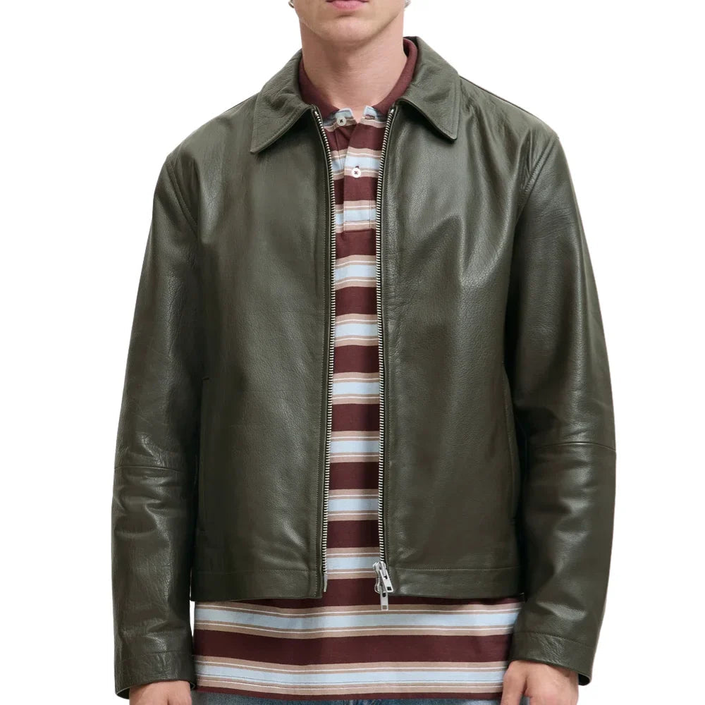 Men's Olive Green Shirt Collar Leather Jacket